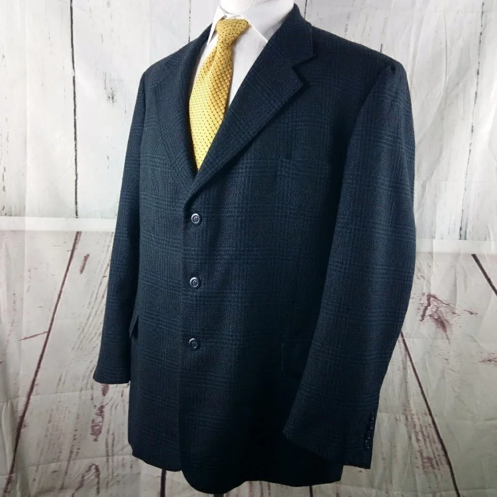 Corporate Gear Munsing Wear 46L Lambswool 3 Button Blue Plaid Suit Blazer Jacket